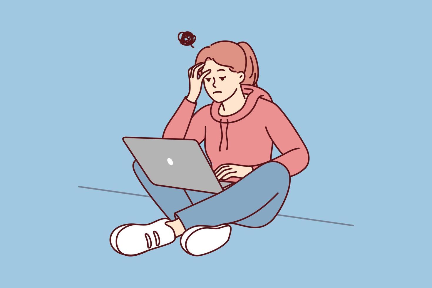 vrouw leerling werk Aan laptop denken lijden van inspiratie gebrek. benadrukt vrouw studie Aan computer worstelen met afleiding. vector illustratie.