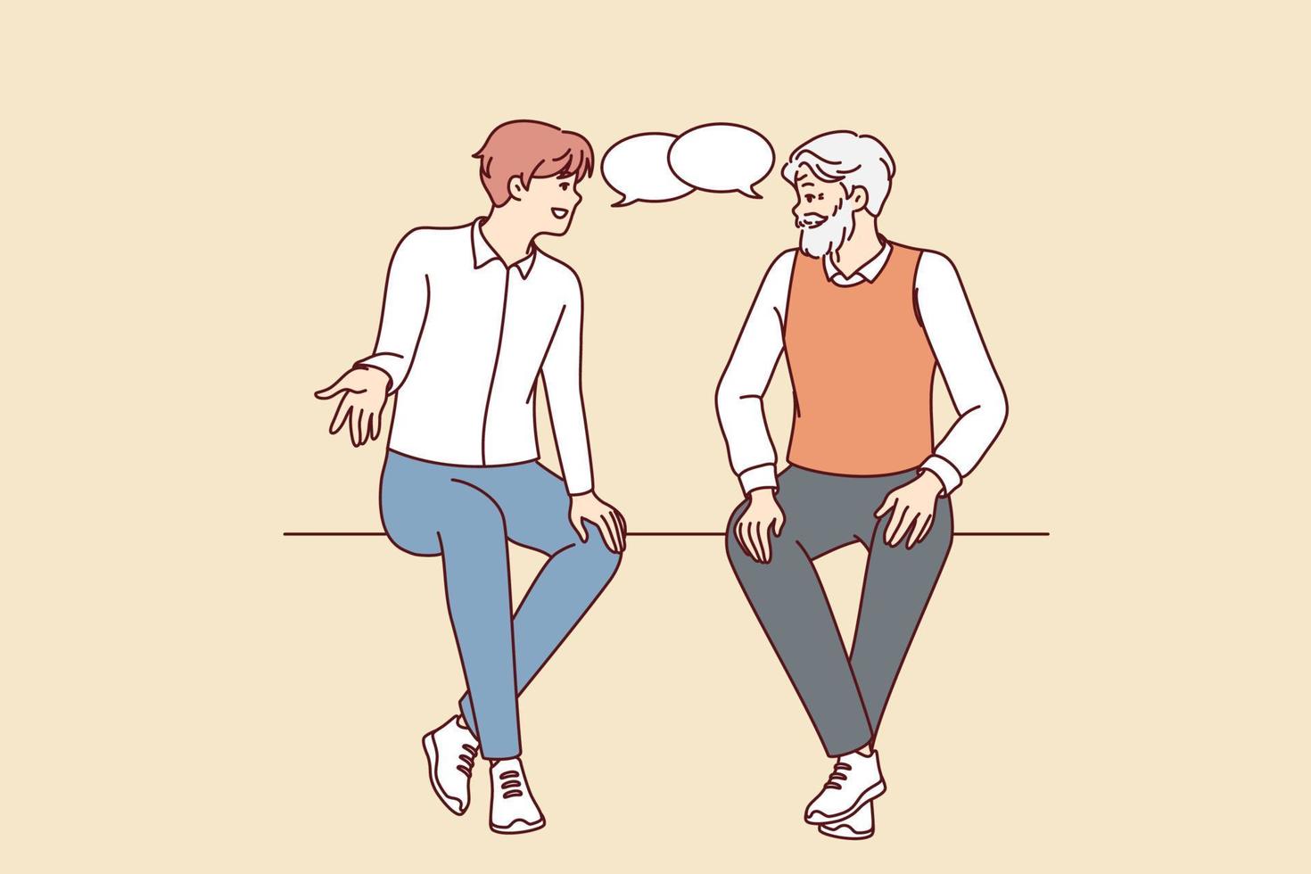 oud en jong mannen zittend samen praten. ouder en jonger mannetje generatie met toespraak bubbels verloofd in gesprek. vector illustratie.