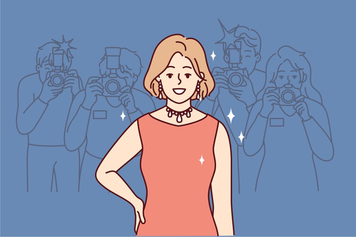 glimlachen vrouw in avond jurk poseren voor journalisten gedurende mode show. meisje in mooi ketting staat in de buurt fotografen van mode tijdschriften en paparazzi. vlak vector illustratie