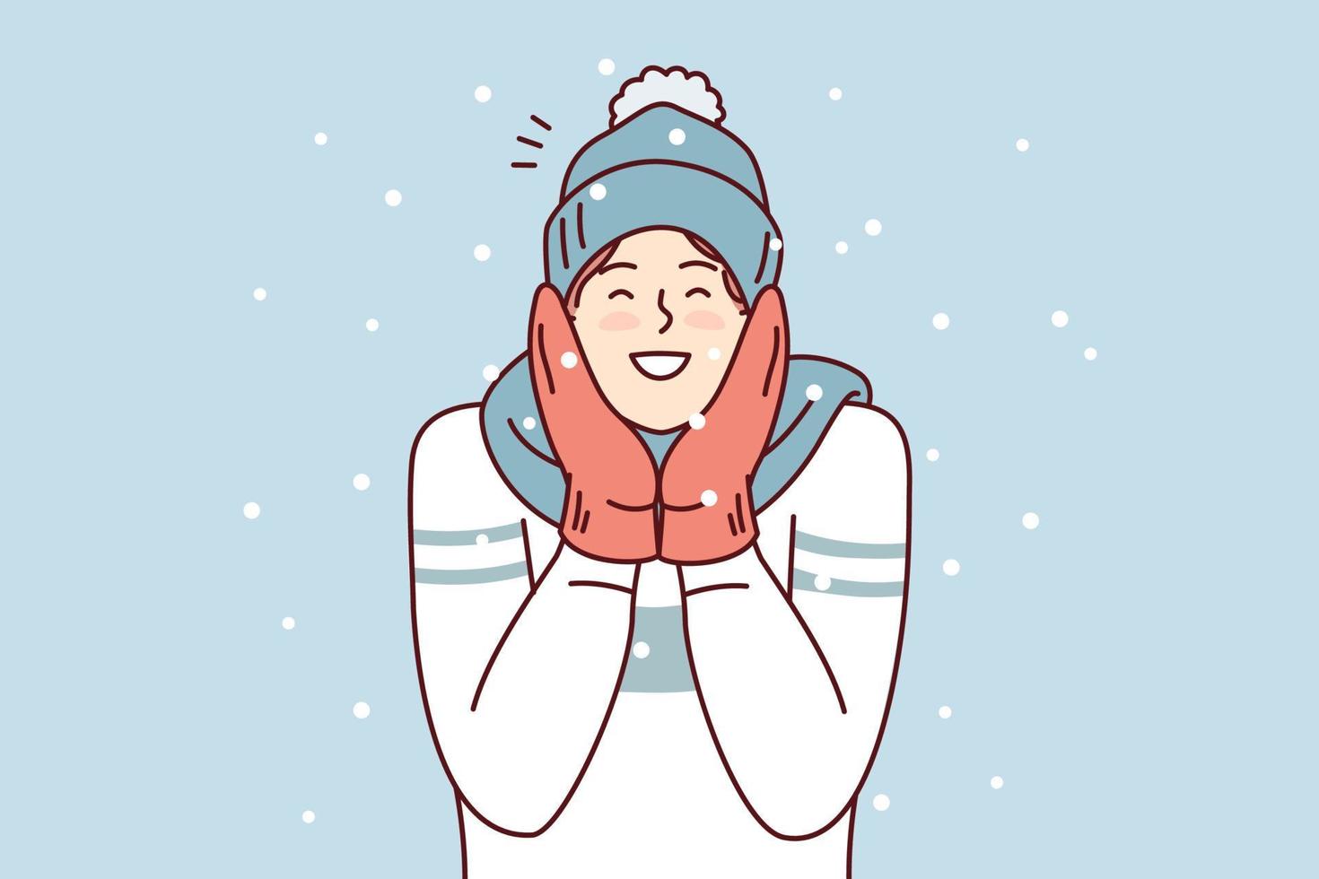 gelukkig Mens in trui en wanten glimlachen genieten verkoudheid weer en verheugen december vakantie. positief jong vent in winter hoed en sjaal staat buitenshuis tussen vallend sneeuwvlokken. vlak vector ontwerp