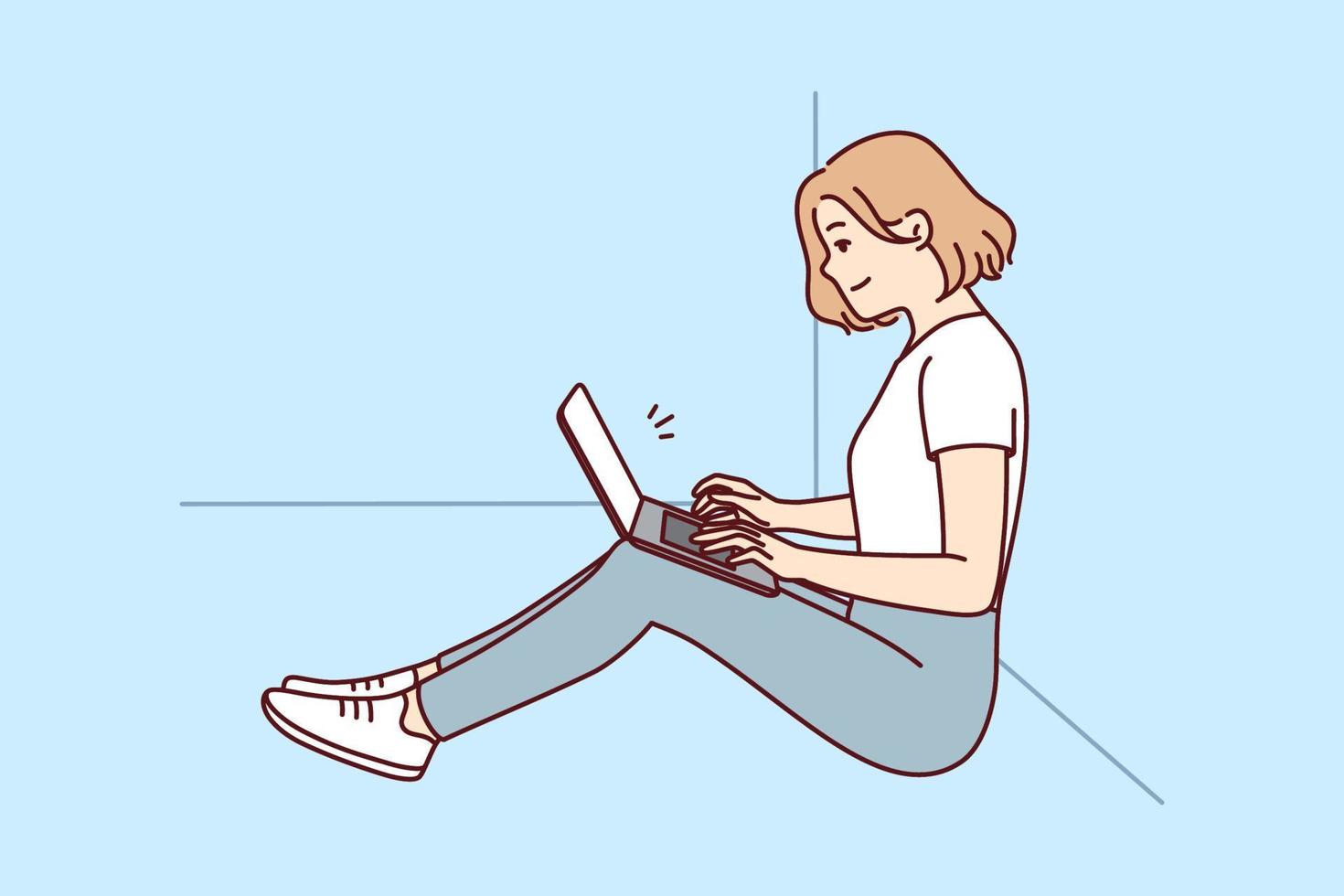 positief vrouw freelancer zittend Aan verdieping in de buurt muur met laptop Aan ronde. meisje werken van een afstand in comfortabel milieu het uitvoeren van instructies van manager via internetten. vlak vector illustratie