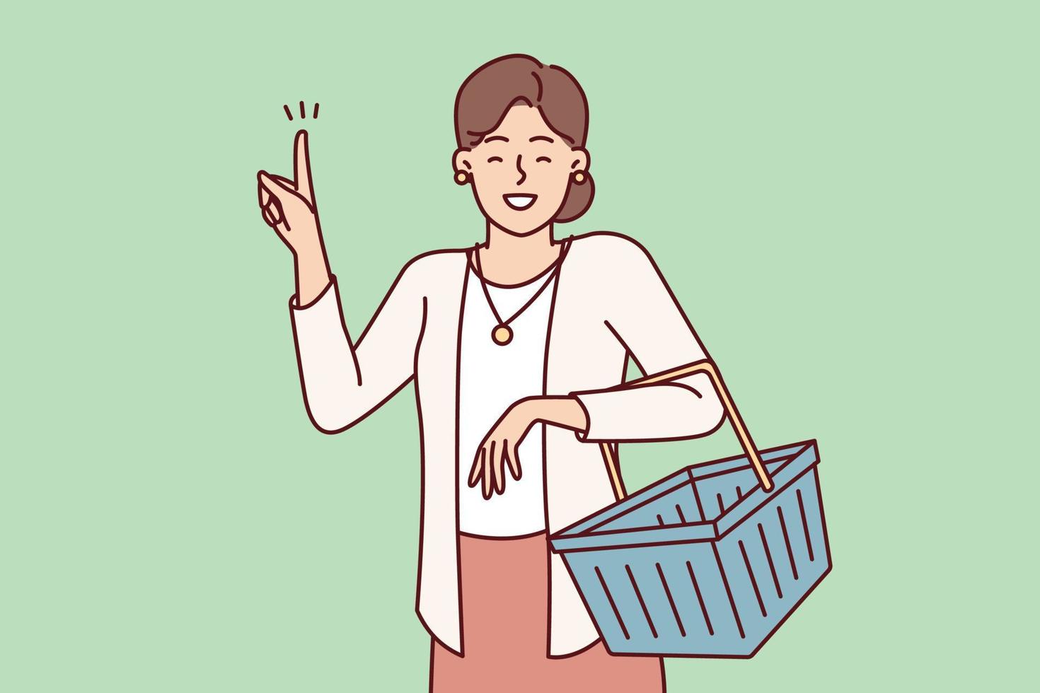 positief vrouw met kruidenier boodschappen doen kar tonen vinger omhoog na komt eraan omhoog met idee voor aankoop of aan het leren over uitverkoop. volwassen dame glimlachen aan het doen boodschappen doen in supermarkt. vlak vector beeld
