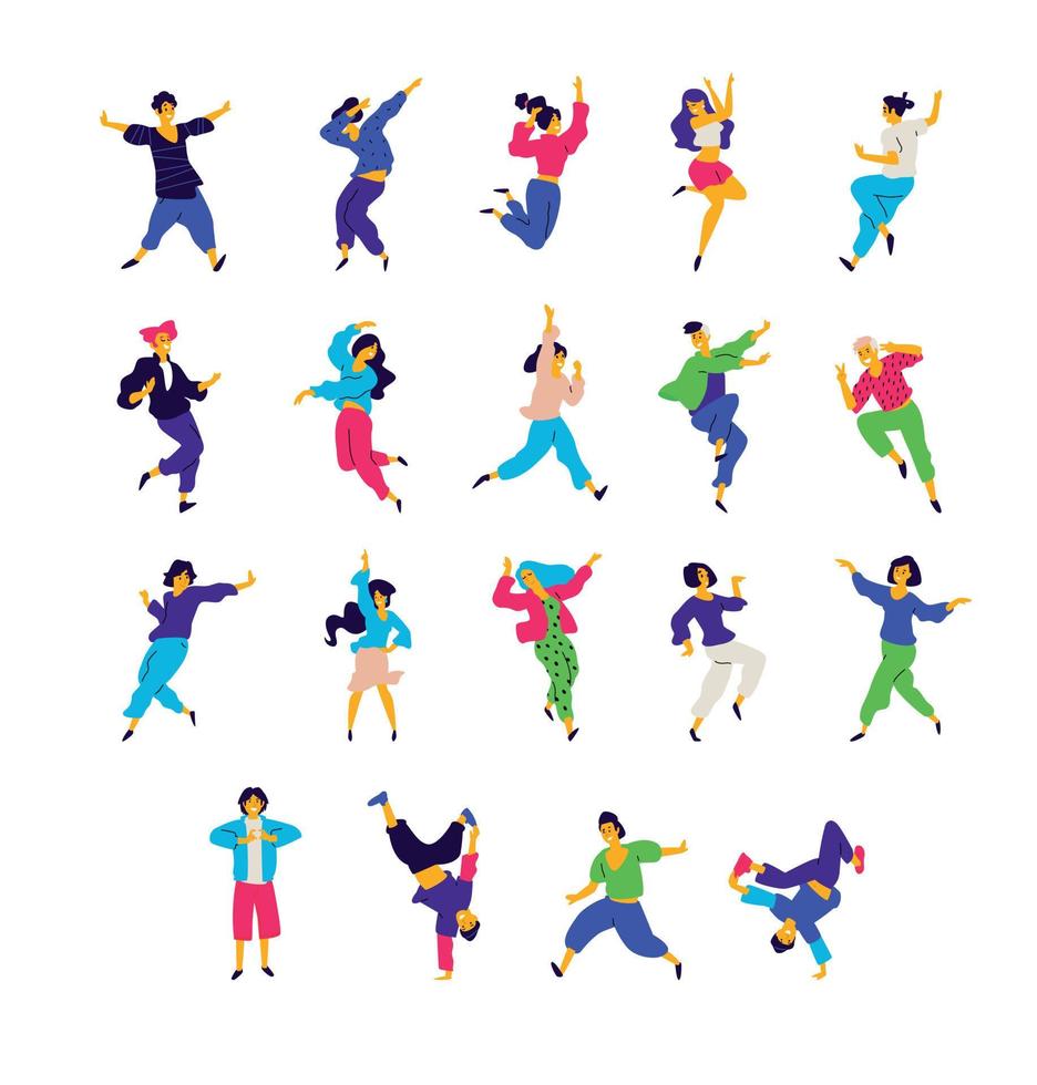 een groep van dansen mensen in verschillend poses en emoties. vector. illustraties van mannen en Dames. vlak stijl. een groep van gelukkig tieners zijn dansen en hebben plezier. dans studio. vector