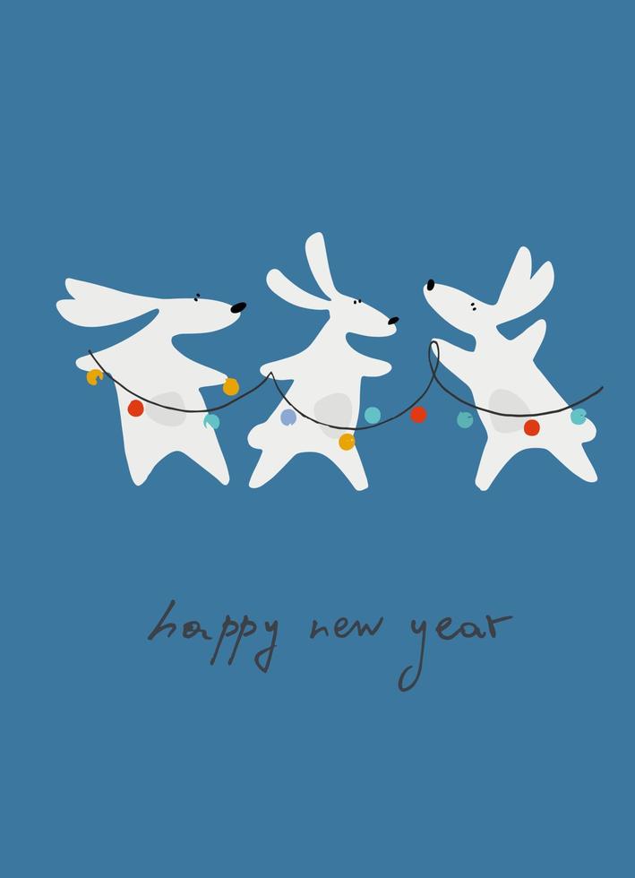 gelukkig nieuw jaar groet kaart met water konijn, dierenriem dier voor 2023 in de nacht Woud. grappig Chinese horoscoop konijn en Hand van letters groet uitdrukking vector