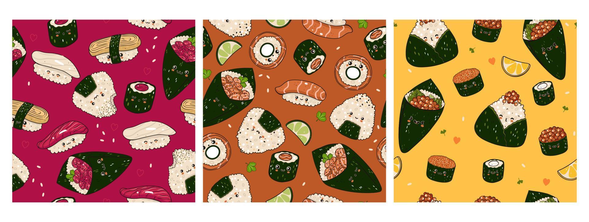 reeks van naadloos patronen met kawaii sushi en onigiri. vector grafiek.