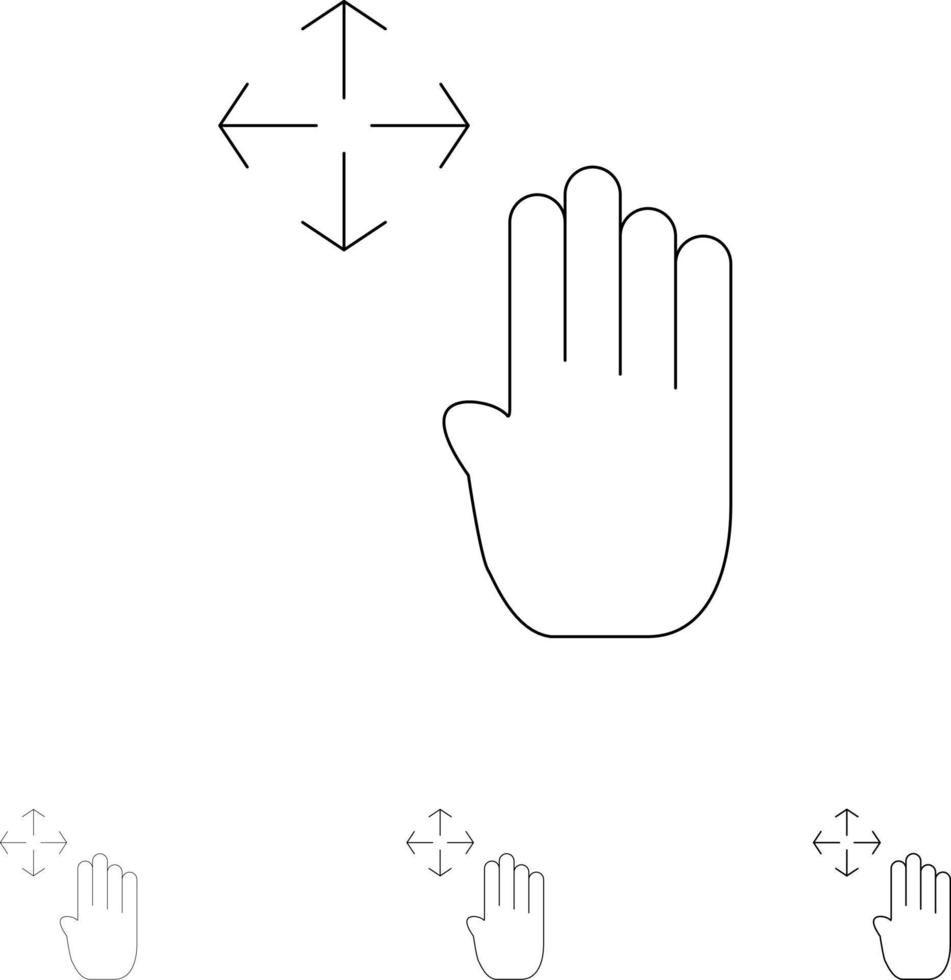hand- hand- cursor omhoog houden stoutmoedig en dun zwart lijn icoon reeks vector