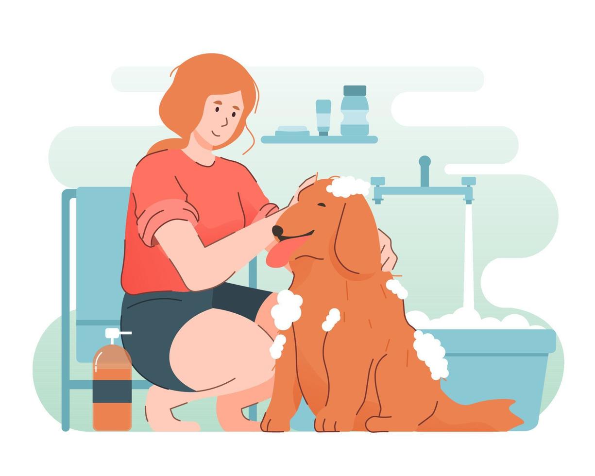 hond nemen een bubbel bad. mensen en huisdier concept vector