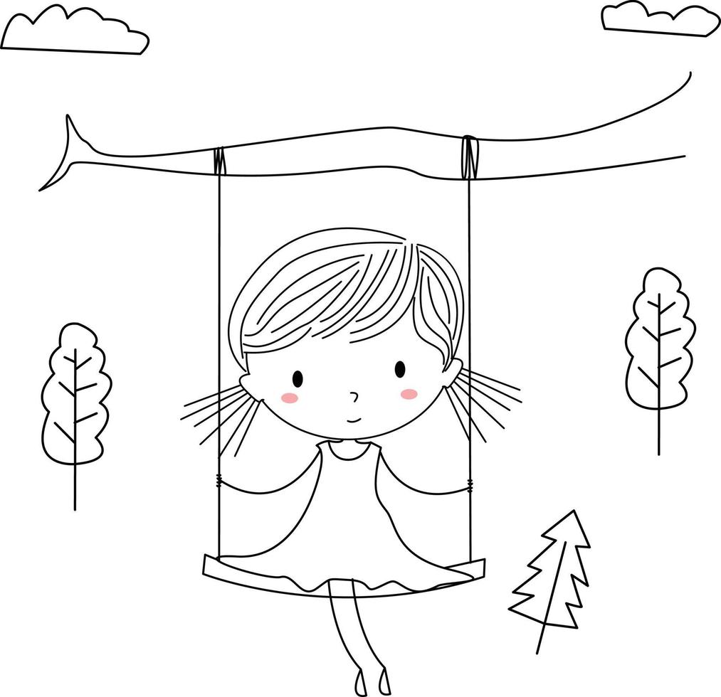 hand- getrokken tekenfilm gelukkig kinderen, voorraad vector - verbeelding illustratie, meisje spelen Aan een schommel