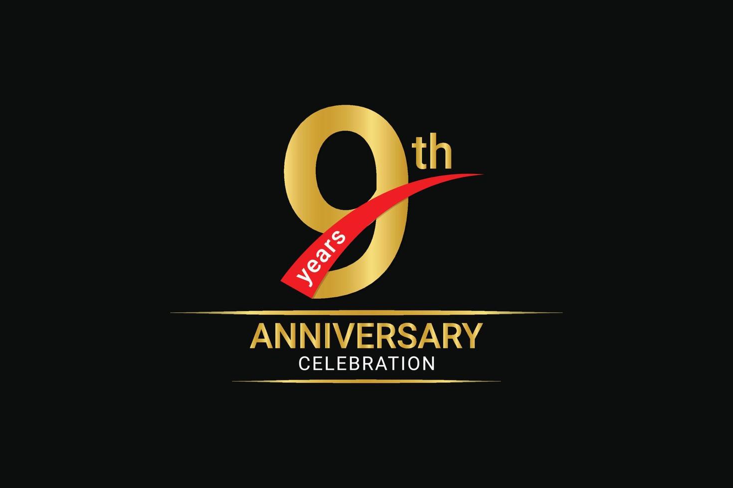 9e jaren verjaardag gouden aantal en rood lint met banier ontwerp. vector