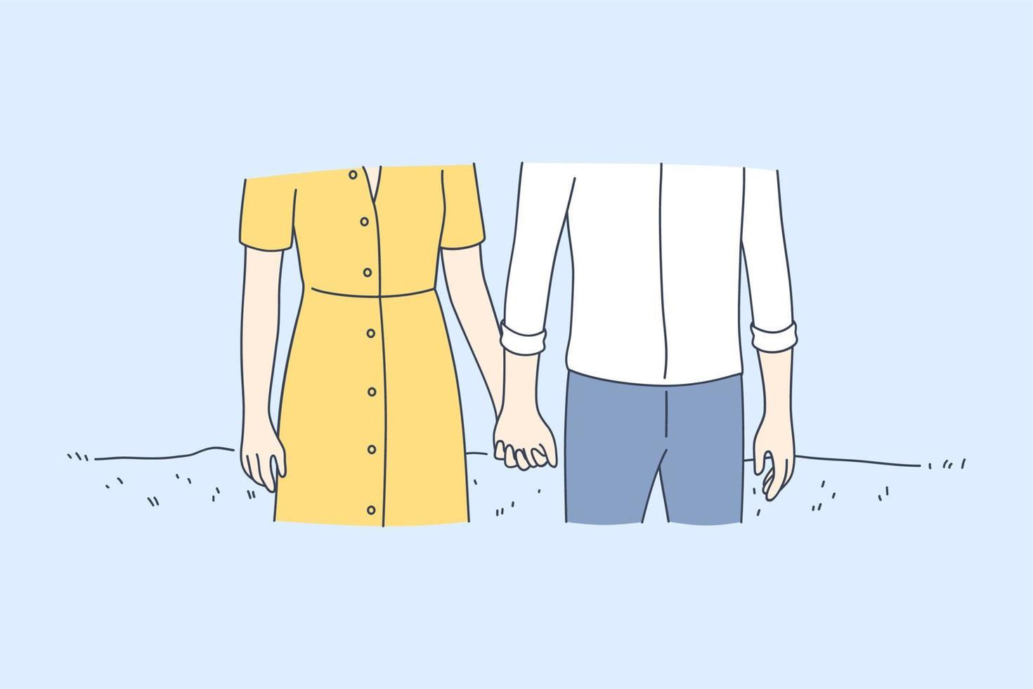 Holding handen, daten, paar saamhorigheid concept. jong liefhebbend gelukkig paar tekenfilm tekens staand en Holding handen buitenshuis gedurende wandelen gevoel liefde en tederheid illustratie vector