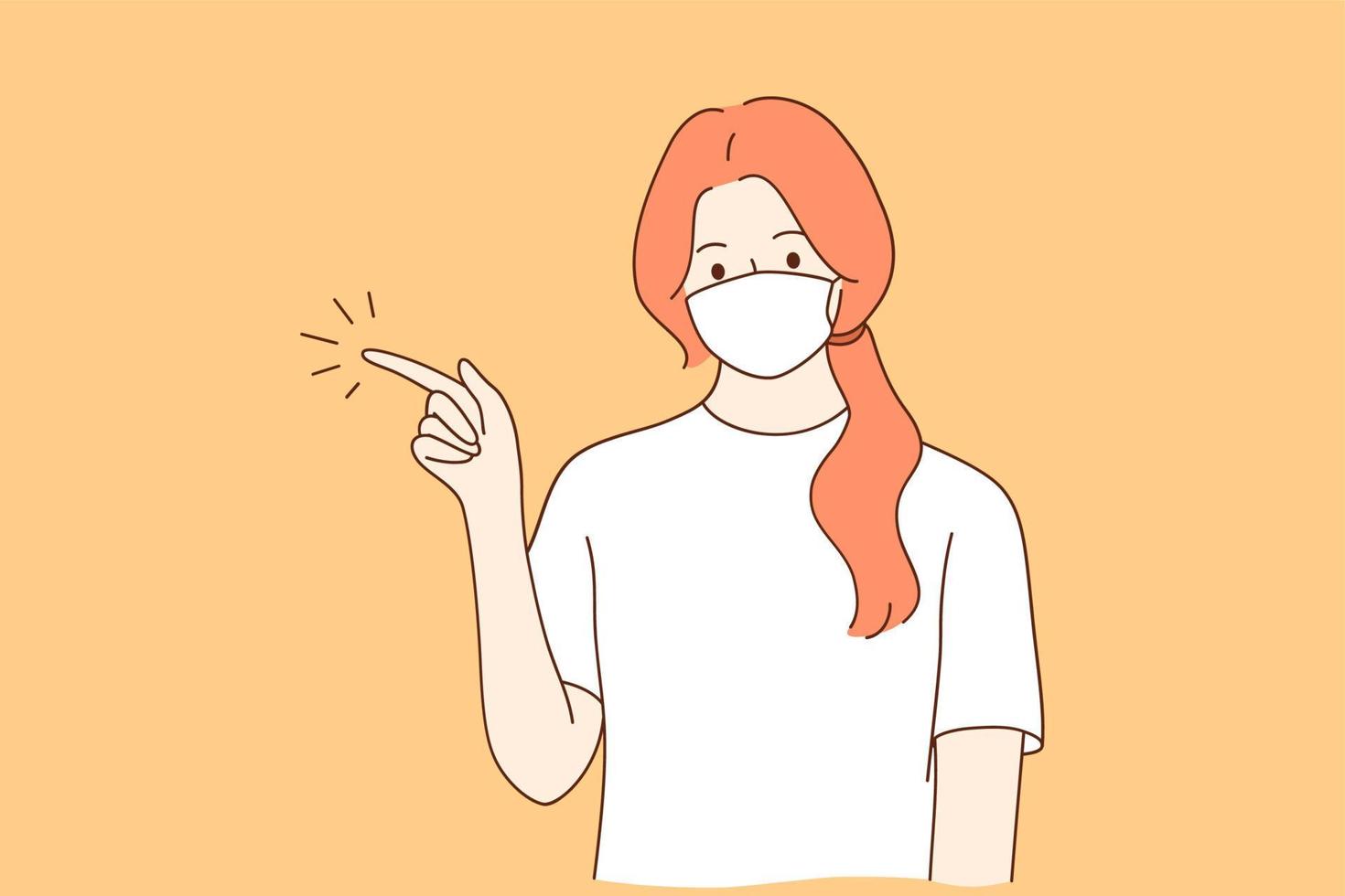 individu bescherming van covid-19 en gebaren concept. jong vrouw tekenfilm karakter in medisch beschermend masker van coronavirus ziekte richten met hand- en vinger omhoog naar kant vector