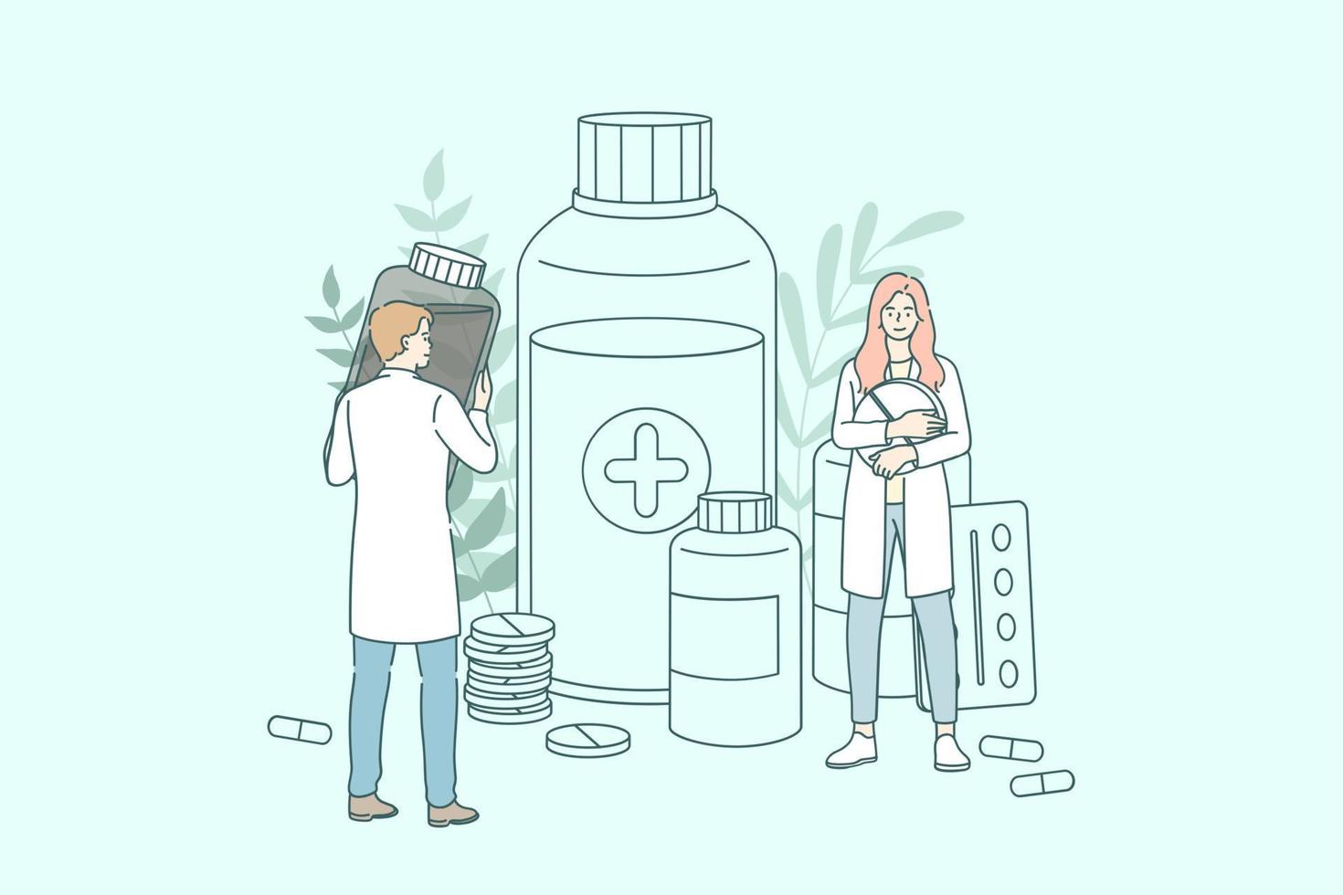 apotheek winkel concept. jong mensen artsen apothekers werken tussen verdovende middelen flessen en potten en divers geneesmiddelen in apotheek op te slaan vector illustratie vector illustratie.