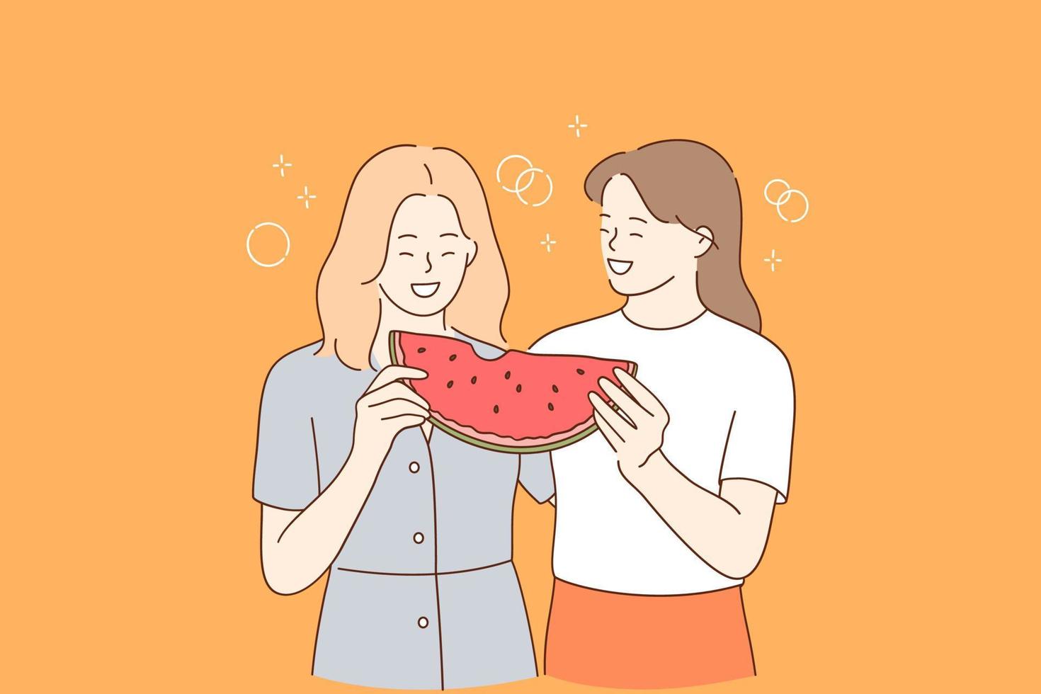 gezond eetpatroon voedsel en vriendschap concept. twee jong positief meisjes staand en genieten van stuk van rijp sappig rood watermeloen en lachend samen buitenshuis vector illustratie