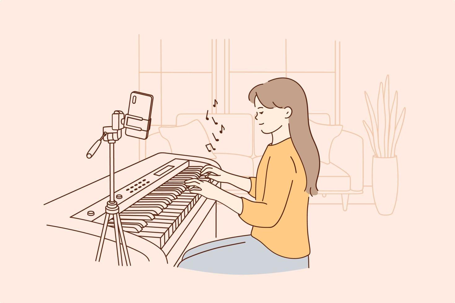 afgelegen ver weg muziek- les concept. klein positief meisje kind zittend spelen digitaal piano en opname video Aan telefoon gedurende online aan het leren en video babbelen van huis vector illustratie