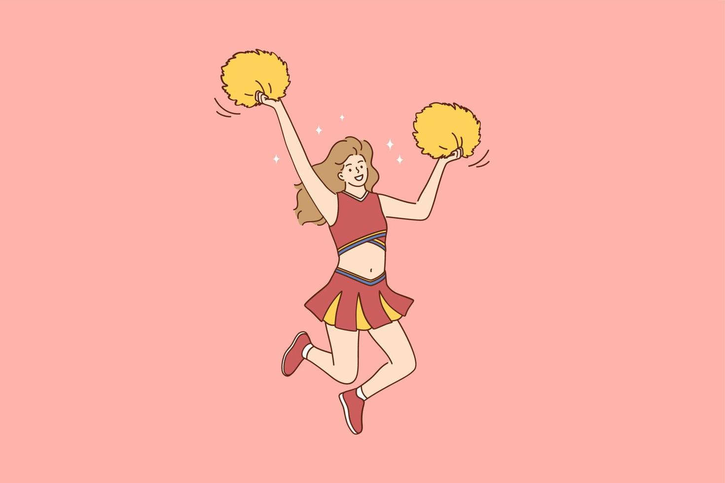 cheerleading en sport concept. jong mooi glimlachen meisje cheerleader in rood kostuum dansen in beweging met geel pompons en jumping gedurende tonen vector illustratie