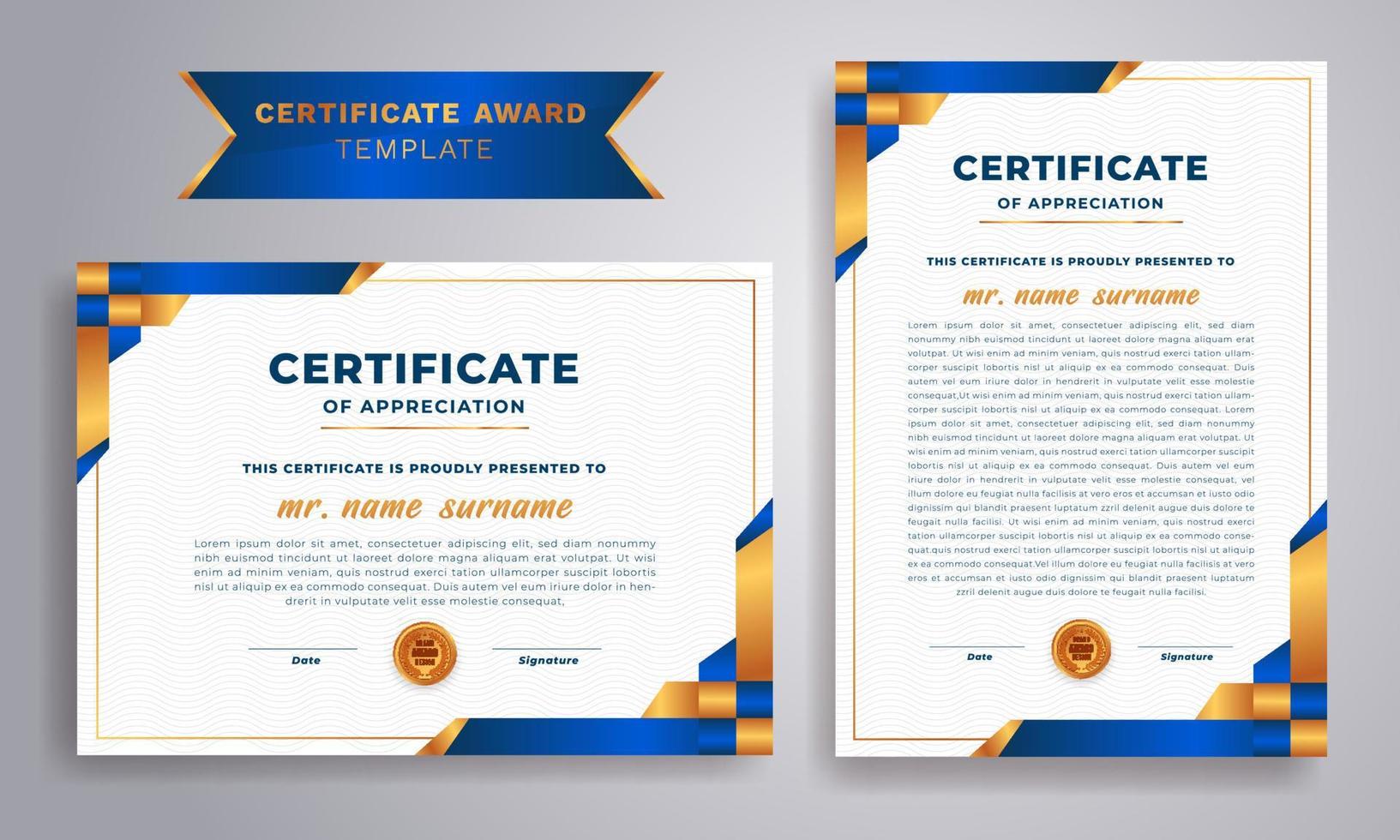 blauw en goud certificaat met insigne en grens vector a4 sjabloon.