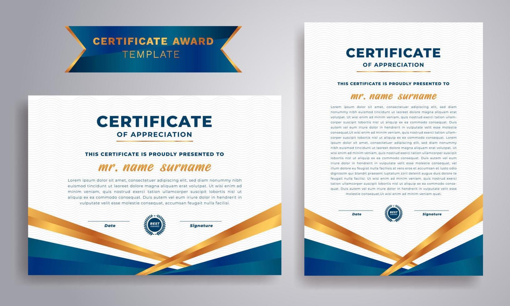 certificaat sjabloon met luxe patroon, diploma certificaat sjabloon en blauw lijn stijl met goud insignes. vector