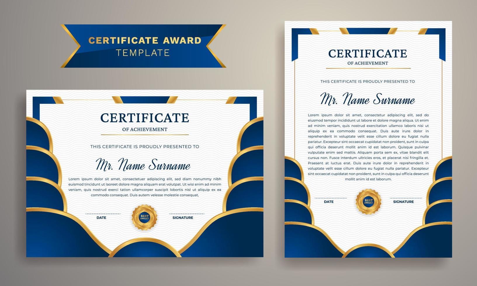 premie prijs certificaat. certificaat van prestatie sjabloon, goud en blauw kleur. schoon modern certificaat met goud kenteken. certificaat grens sjabloon met luxe lijn patroon. diploma sjabloon. vector