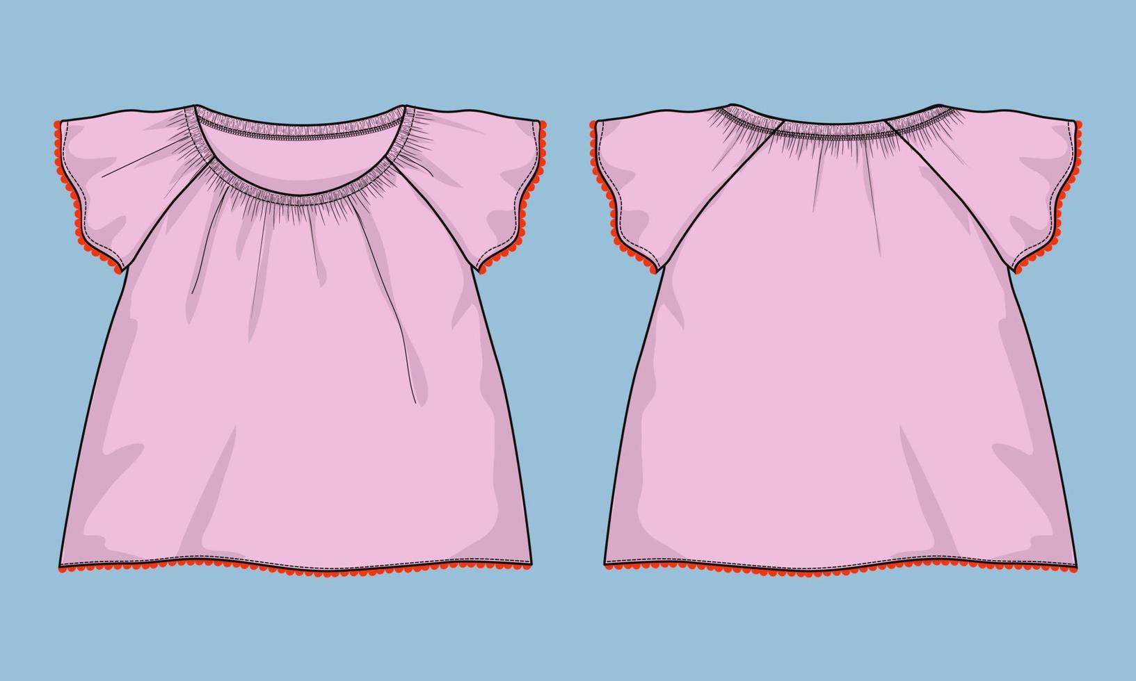 baby meisjes jurk technische platte schets vector illustratie ontwerpsjabloon. kleding kleding mock up voor- en achterkant uitzicht geïsoleerd op een grijze achtergrond. kindermode vector kunst tekening gemakkelijk bewerkbaar.