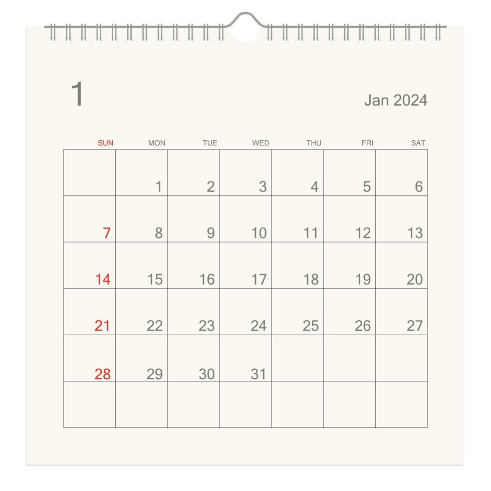 januari 2024 kalender bladzijde Aan wit achtergrond. kalender achtergrond voor herinnering, bedrijf planning, afspraak vergadering en evenement. week begint van zondag. vector. vector