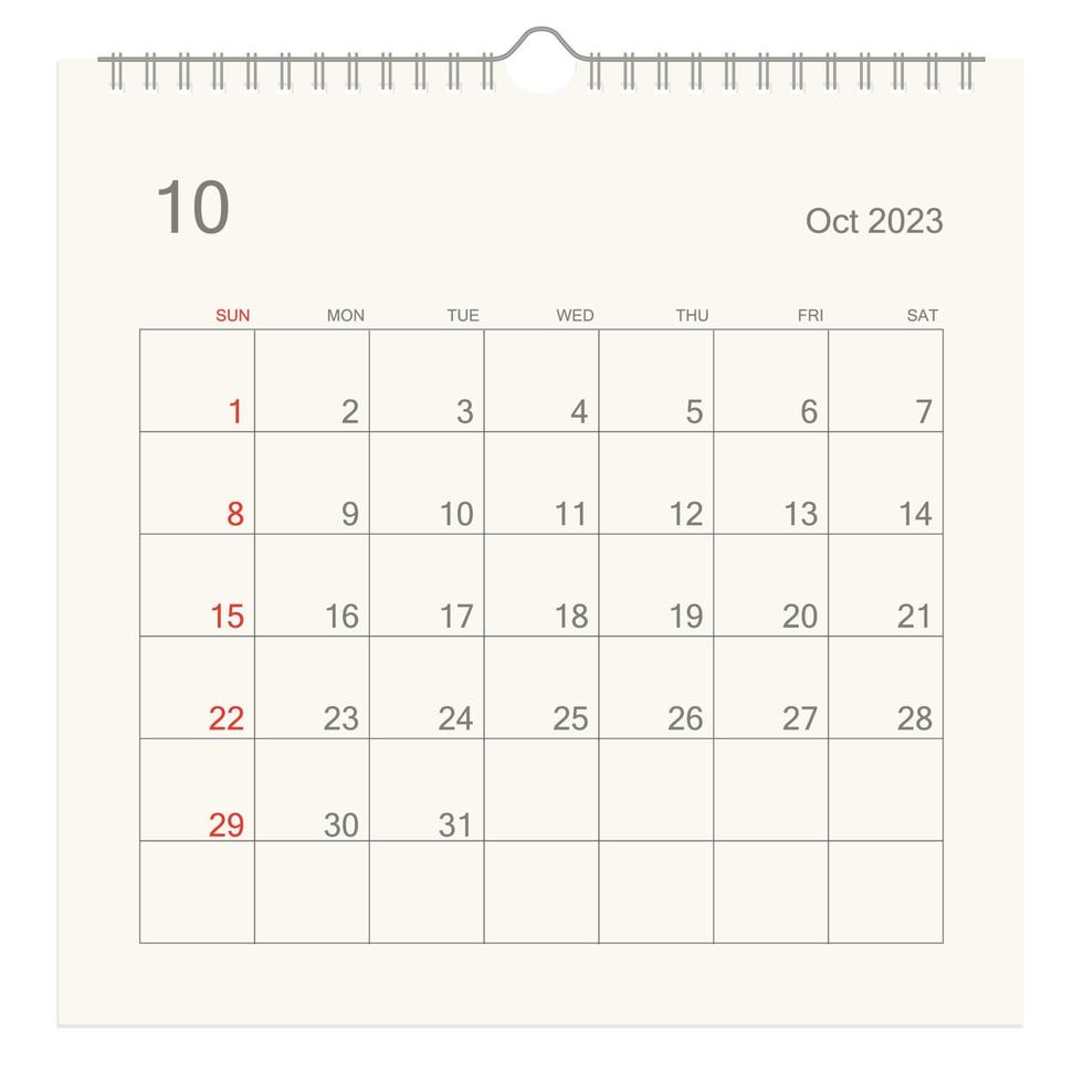 oktober 2023 kalender bladzijde Aan wit achtergrond. kalender achtergrond voor herinnering, bedrijf planning, afspraak vergadering en evenement. week begint van zondag. vector. vector