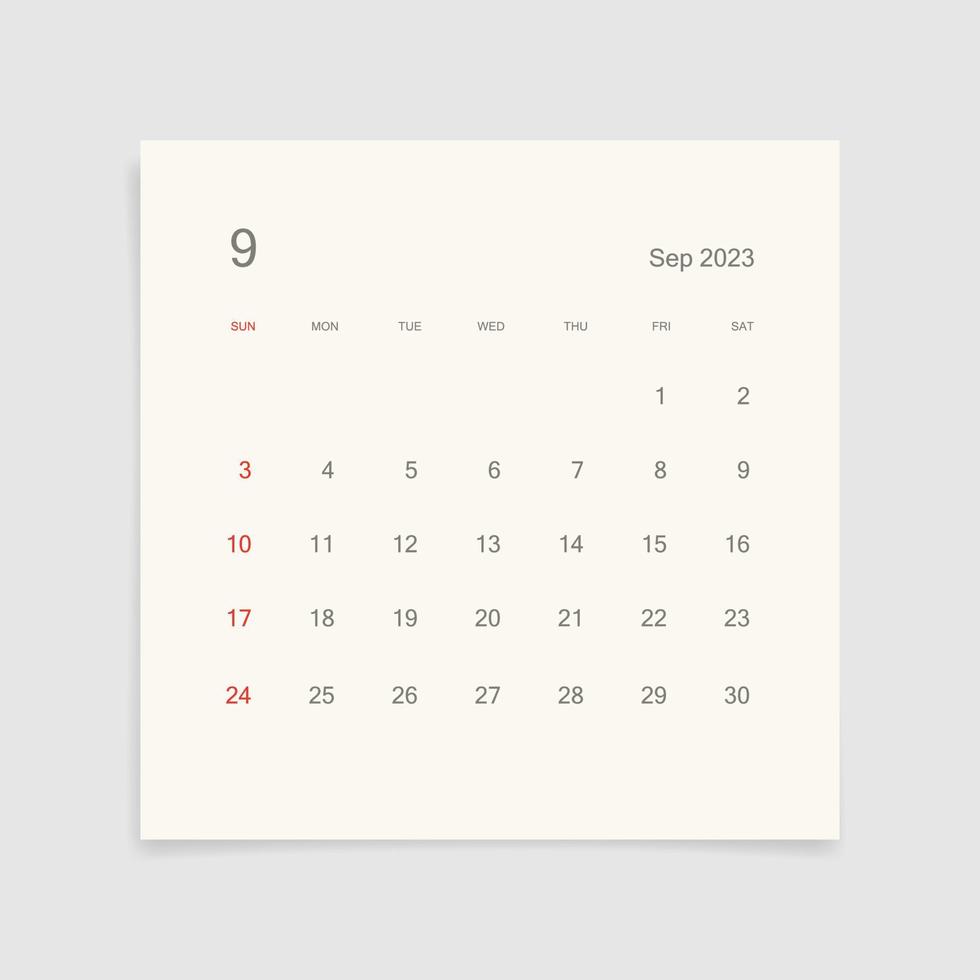 september 2023 kalender bladzijde Aan wit achtergrond. kalender achtergrond voor herinnering, bedrijf planning, afspraak vergadering en evenement. week begint van zondag. vector. vector