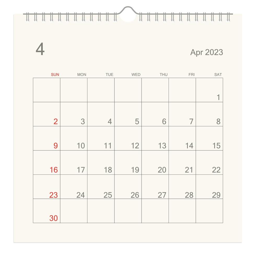 april 2023 kalender bladzijde Aan wit achtergrond. kalender achtergrond voor herinnering, bedrijf planning, afspraak vergadering en evenement. week begint van zondag. vector. vector