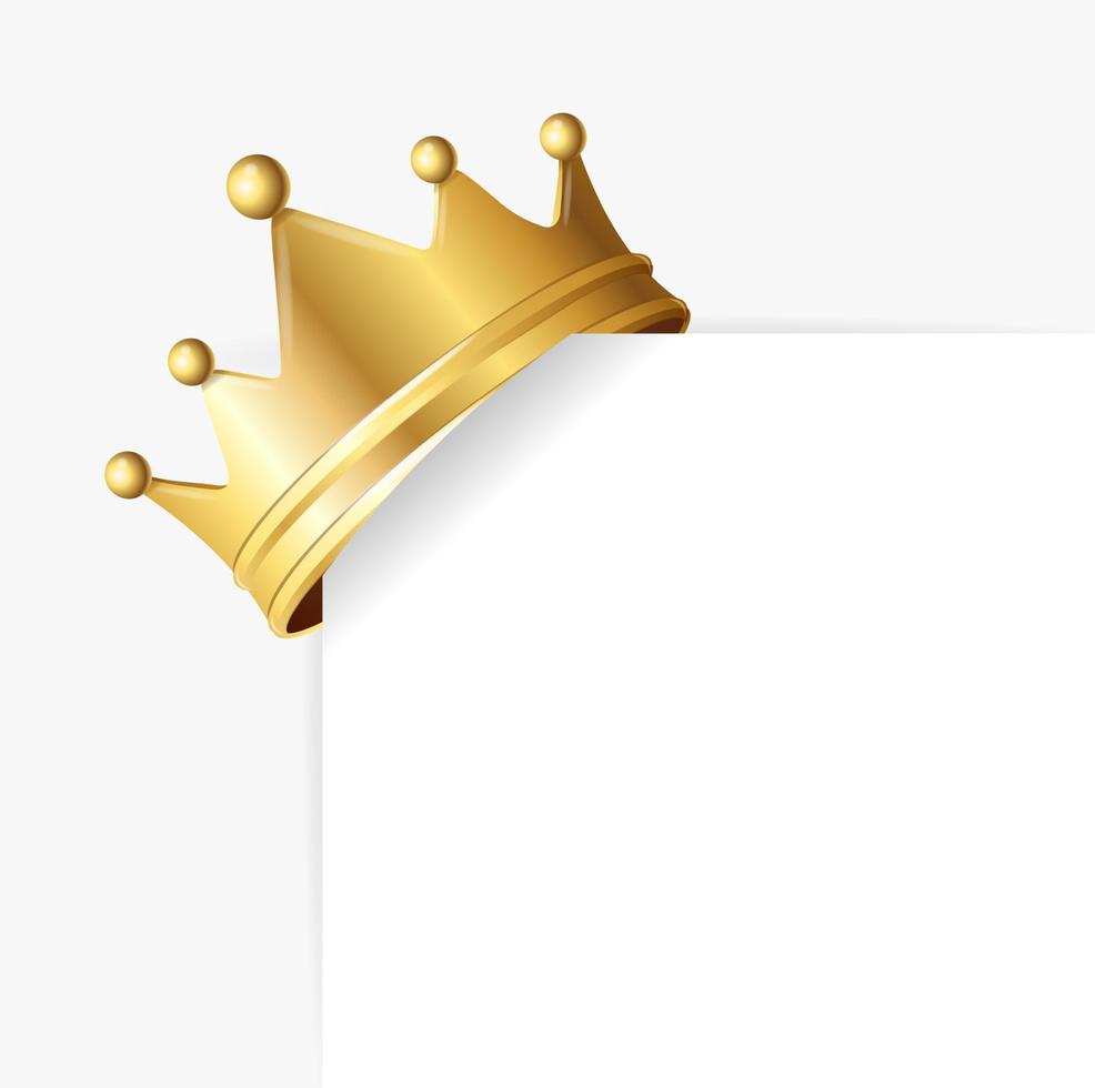 realistisch gedetailleerd 3d gouden kroon Aan hoek wit papier vel. vector