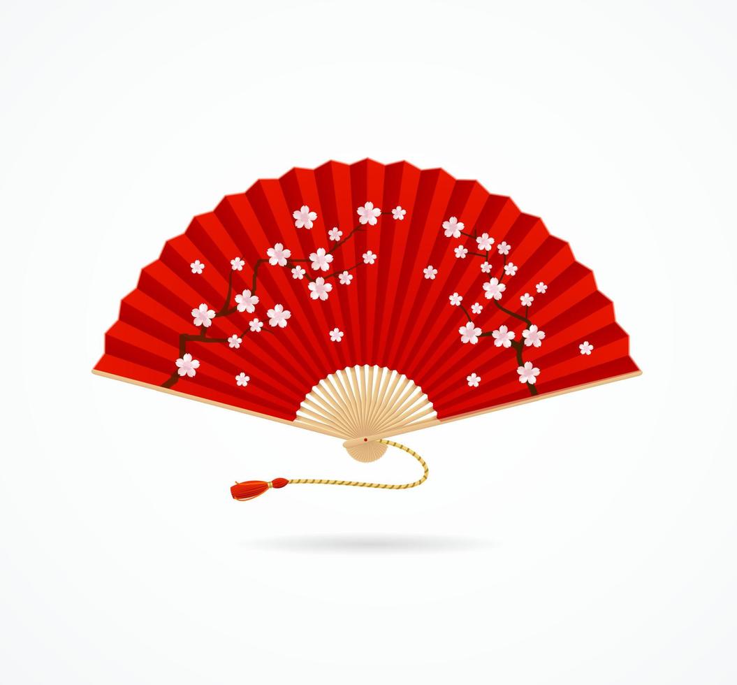 realistisch gedetailleerd 3d rood vouwen Aziatisch hand- ventilator met sakura bloeit. vector