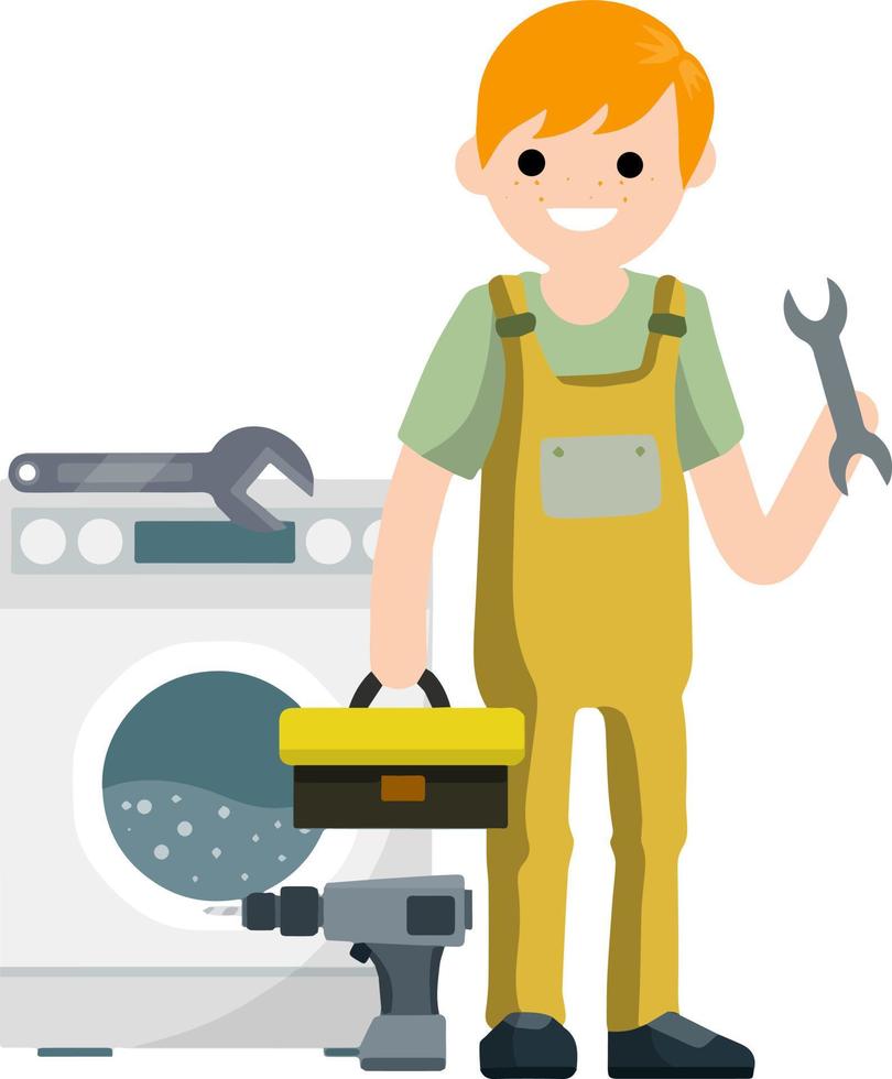 loodgieter reparaties het wassen machine. afbreken van huishouden huishoudelijke apparaten. gereedschapskist in hand. probleem met de was. arbeider met een moersleutel, hulpmiddel. onderhoud en fix vector