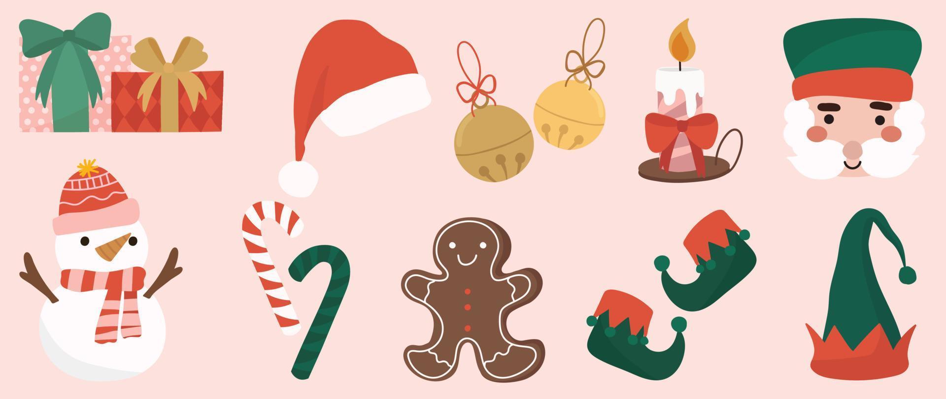 reeks van winter levendig Kerstmis element vector illustratie. verzameling van de kerstman hoed, Cadeau doos, elf kostuum, snoep riet, sneeuwman, kaars. ontwerp voor sticker, kaart, poster, uitnodiging, groet.