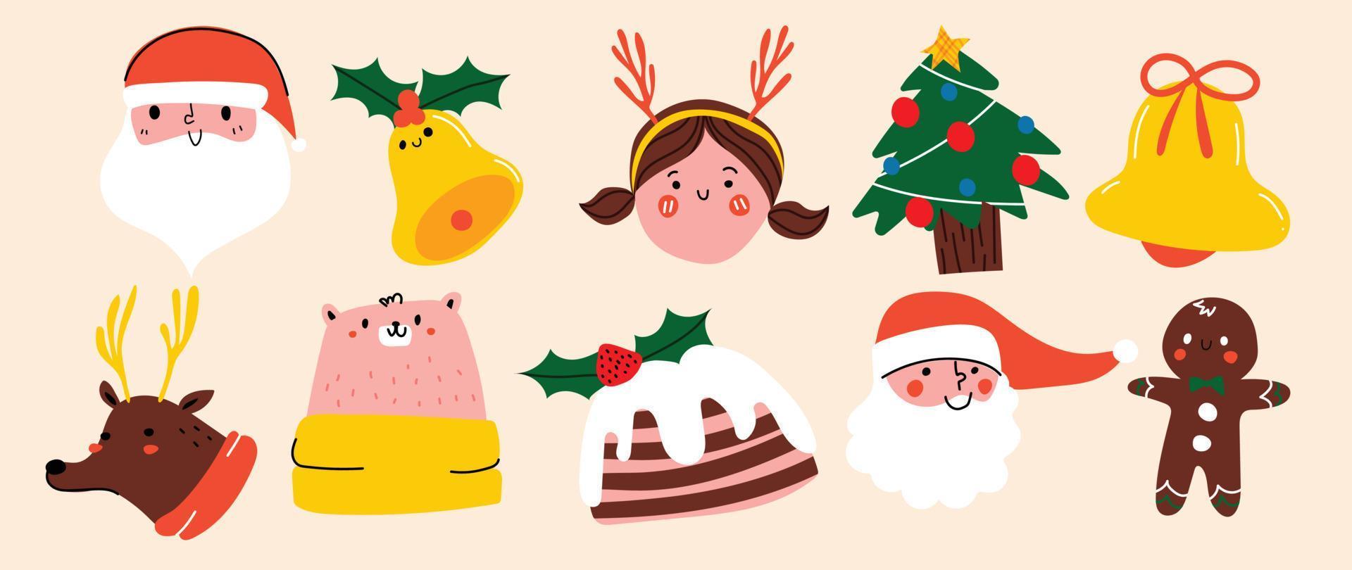 reeks van winter levendig Kerstmis element vector illustratie. verzameling van schattig de kerstman, Kerstmis boom, klok, rendier, beer, taart, ontbijtkoek. ontwerp voor sticker, kaart, poster, uitnodiging, groet.