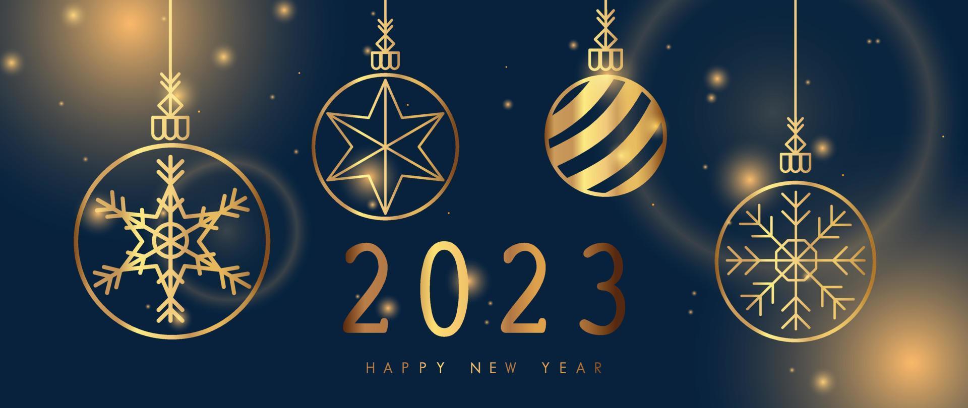 luxe gelukkig nieuw jaar 2023 concept achtergrond vector. elegant gloeiend gouden hangende Kerstmis snuisterij ballen Aan donker blauw bokeh achtergrond. ontwerp illustratie voor behang, kaart, omslag, poster. vector