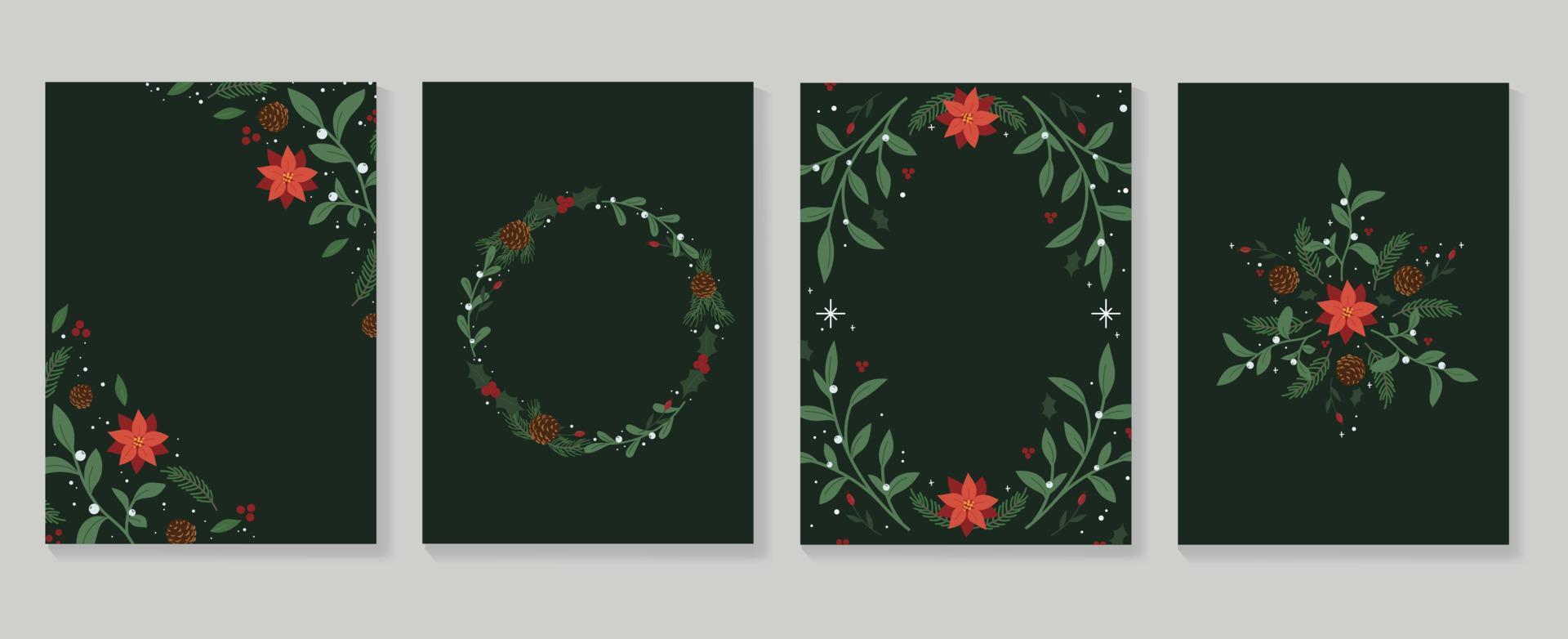 luxe Kerstmis en gelukkig nieuw jaar vakantie Hoes sjabloon vector set. bloemen Kerstmis lauwerkrans, blad Afdeling met glinsterende sneeuw. ontwerp illustratie voor kaart, zakelijk, groet, behang, poster.