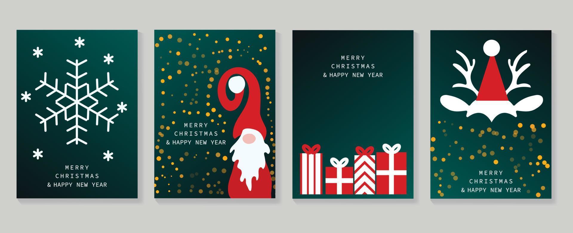 vrolijk Kerstmis en gelukkig nieuw jaar vakantie Hoes sjabloon vector set. decoratief kaarten met sneeuwvlok, de kerstman, presenteert, rendier. ontwerp illustratie voor kaart, zakelijk, groet, behang, poster.