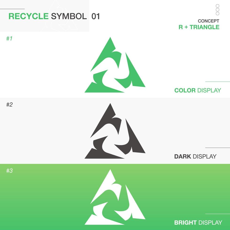 recycle logo met r brief lus. driehoek vorm symbool met pijlen. ontwerp voor producten pakket in kleur, donker en helder stijl. vector illustratie
