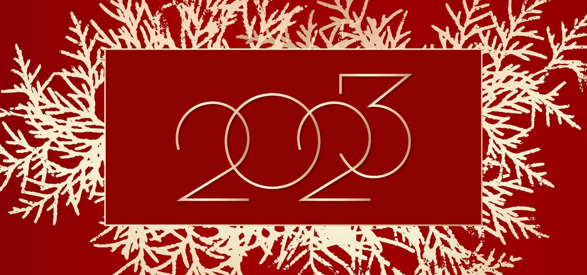 2023 gelukkig nieuw jaar achtergrond ontwerp. rood achtergrond met goud Kerstmis boom. groet kaart, banier, poster. vector illustratie.