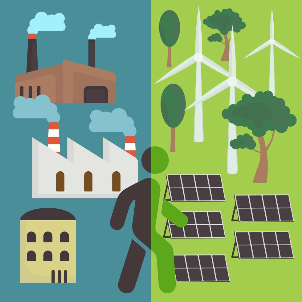 icoon, sticker, knop Aan de thema van besparing en hernieuwbaar energie met een een deel met niet hernieuwbaar energie en andere een deel met wind turbines, zonne- panelen en menselijk tussen hen vector