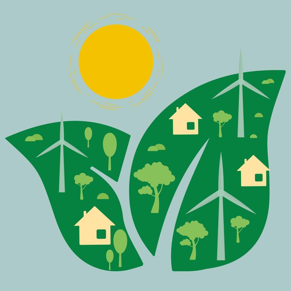 icoon, sticker, knop Aan de thema van besparing en hernieuwbaar energie met bladeren, bomen, huis en wind turbines. vector