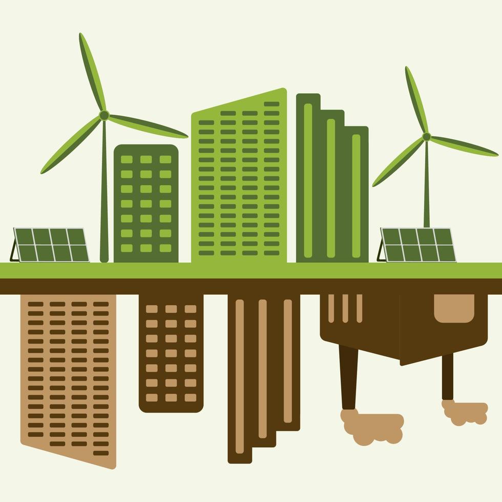 icoon, sticker, knop Aan de thema van besparing en hernieuwbaar energie met stad met niet hernieuwbaar energie en stad met wind turbines, zonne- panelen. groen en bruin vector