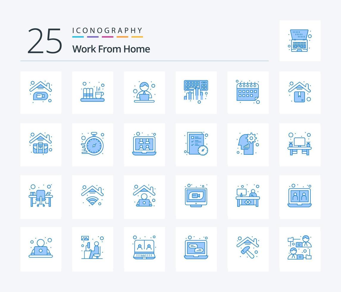 werk van huis 25 blauw kleur icoon pak inclusief typen. toetsenbord. het dossier. codering. tijd vector