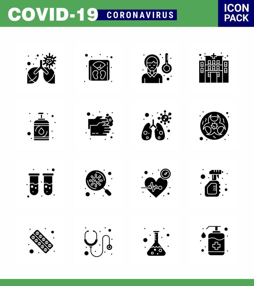 covid19 icoon reeks voor infographic 16 solide glyph zwart pak zo net zo ziekte ziekenhuis hoofd kliniek ziekte koorts virale coronavirus 2019november ziekte vector ontwerp elementen