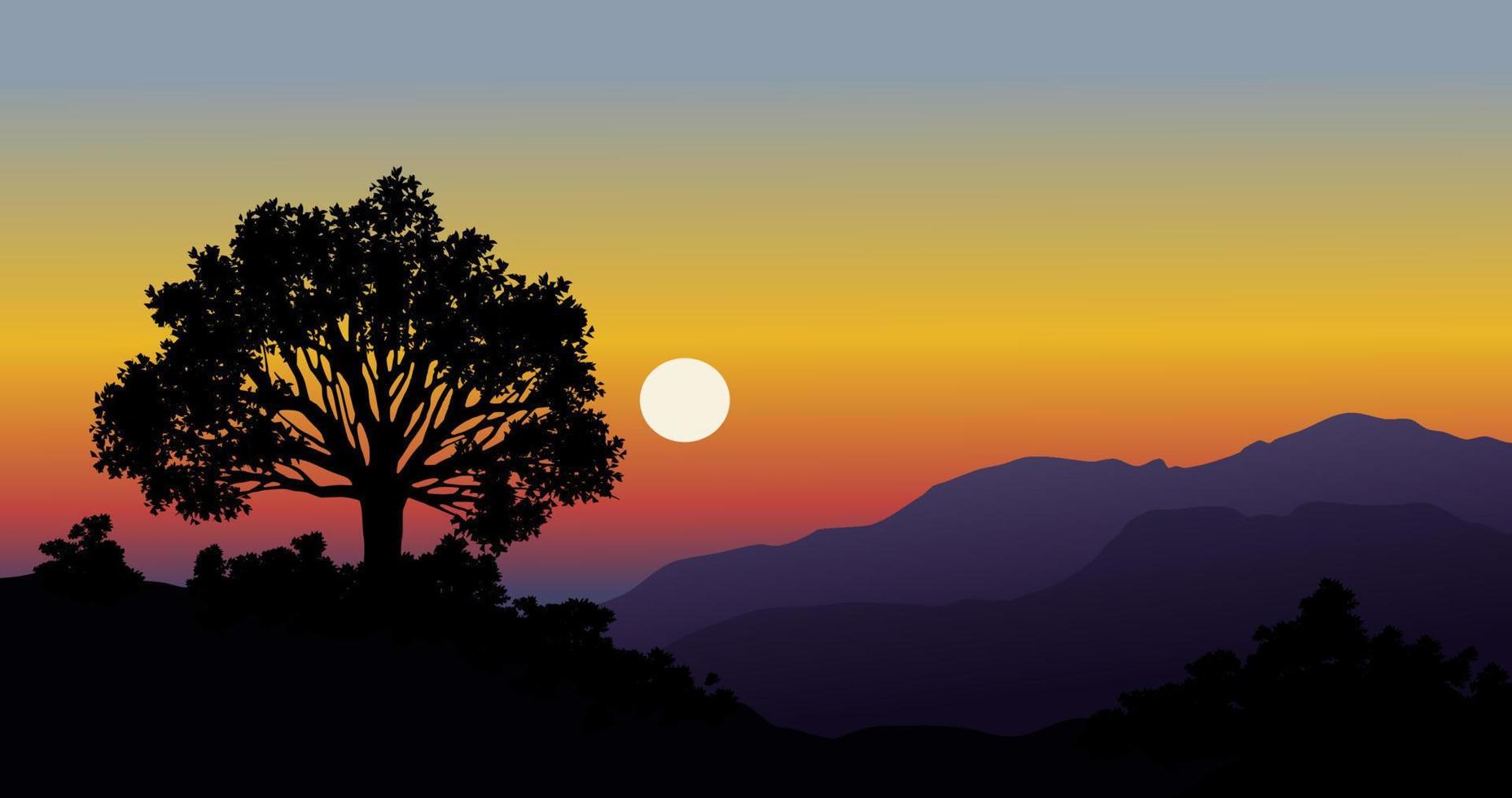 zonsondergang in de bergen met bomen in silhouet. vector landschap illustratie.svg