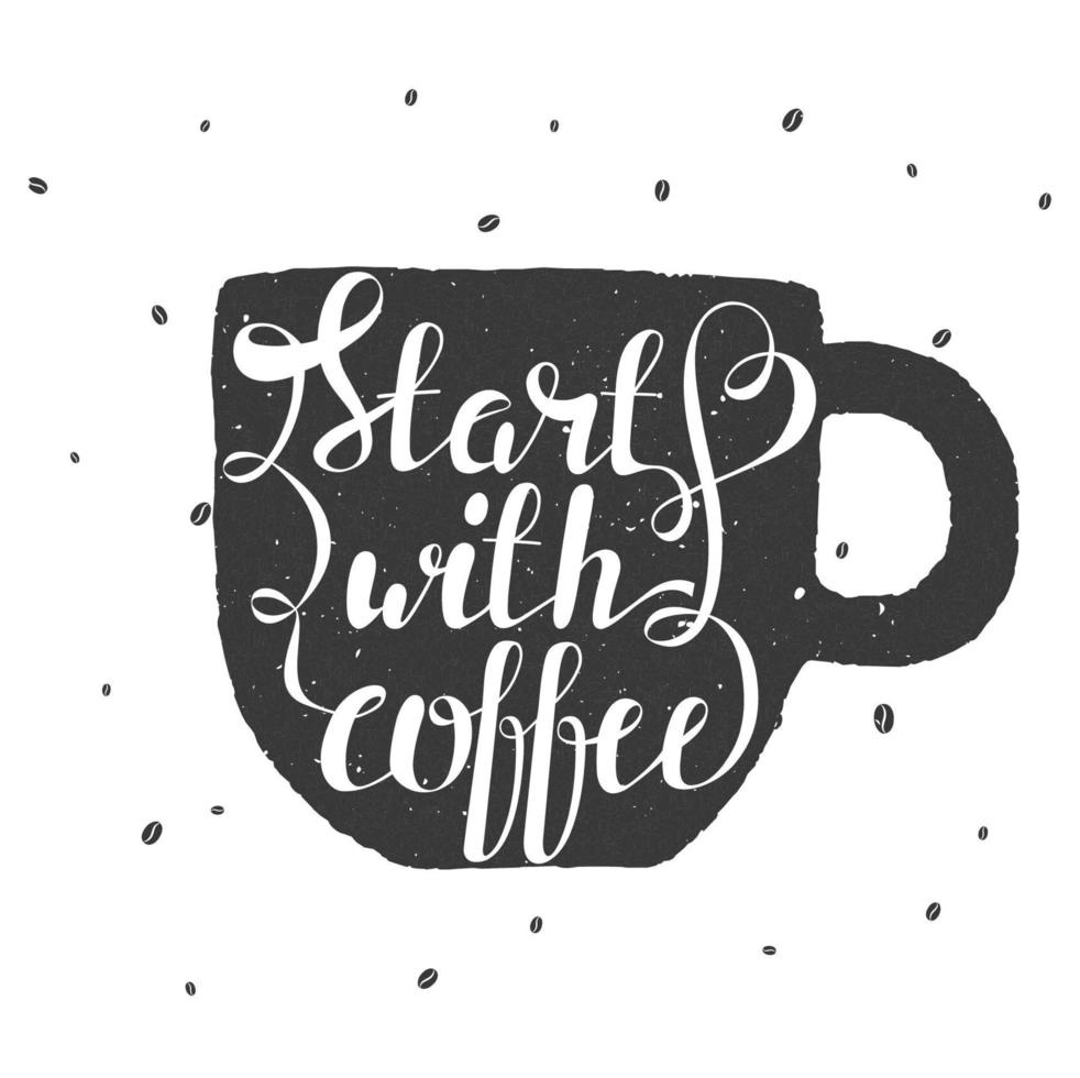 hand- trek belettering vector illustratie met koffie bonen en waterverf kop