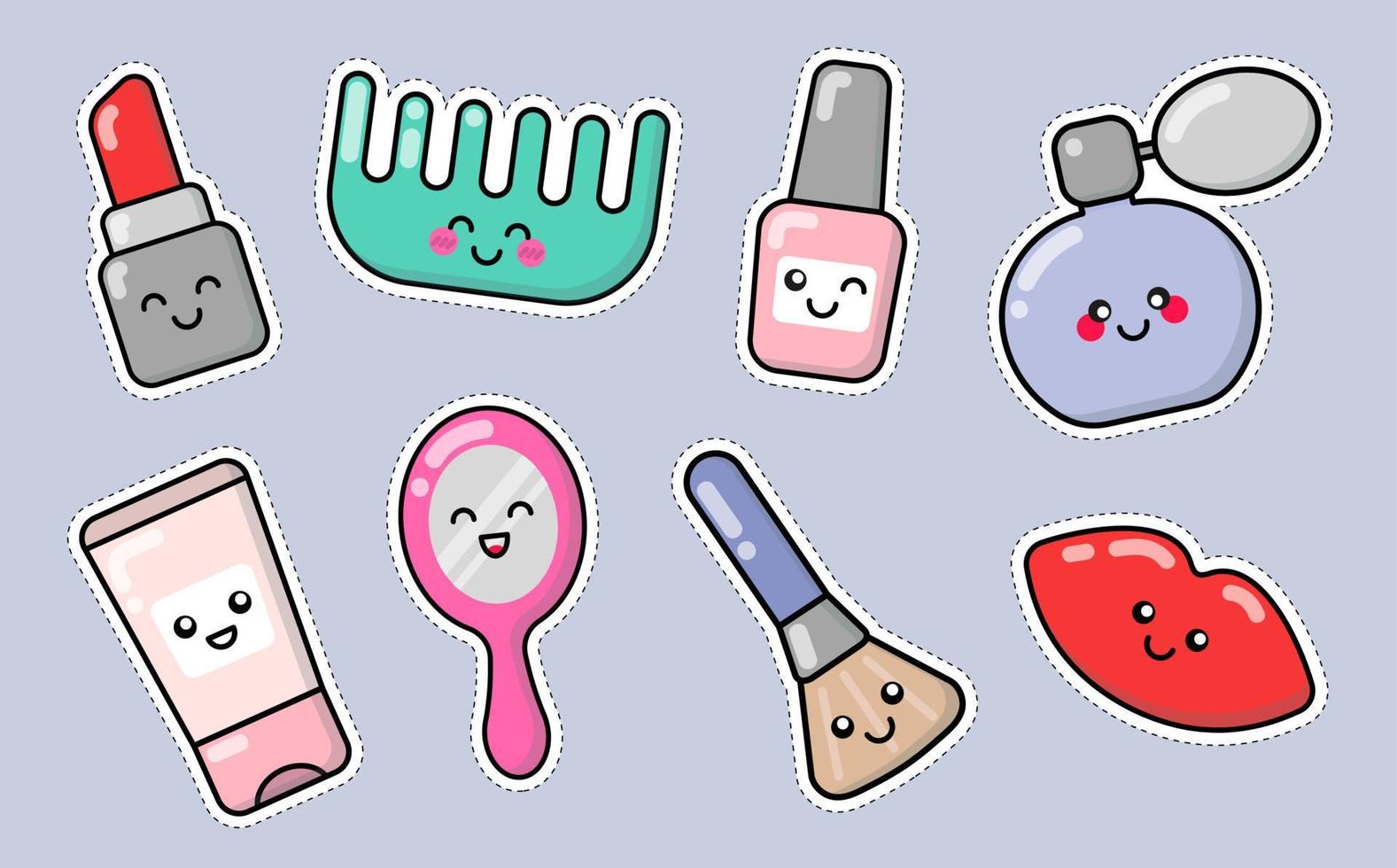 mode, schoonheid, maken omhoog, cosmetica, mode dingen pleisters, insignes, stickers. reeks van schattig tekenfilm pictogrammen in kawaii stijl. vector lippen, lippenstift, nagel Pools, parfum, borstel, spiegel, haarborstel, lotion.