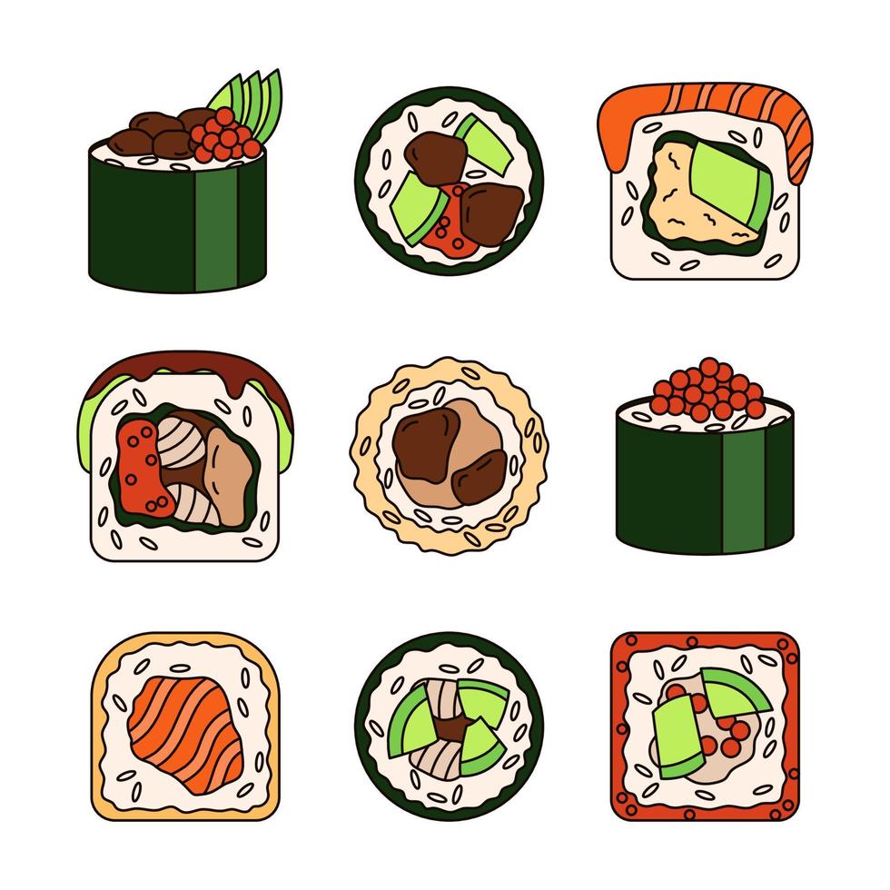 divers sushi tekening reeks geïsoleerd Aan een wit achtergrond. vector
