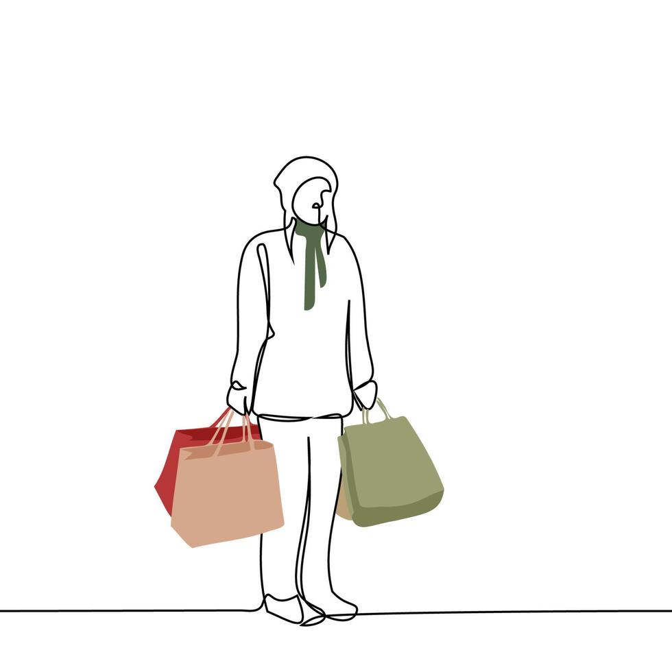 vrouw in winter kleren met vol pakketjes - een lijn tekening vector. concept boodschappen doen voordat winter vakantie vector