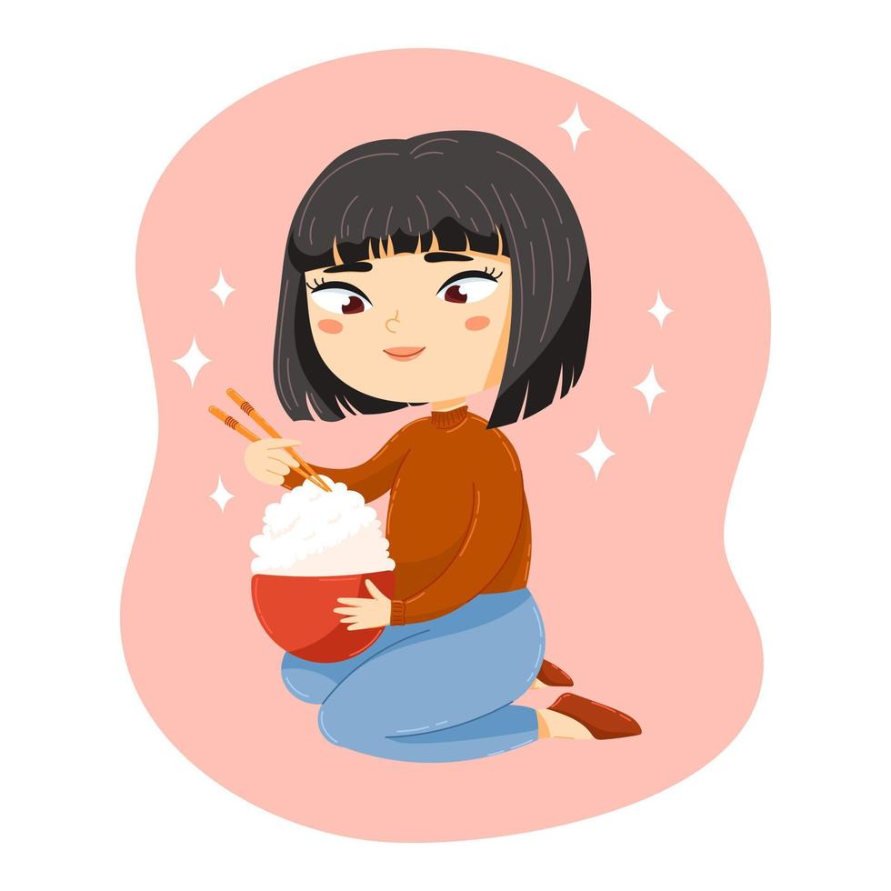 tekenfilm Aziatisch meisje met een paar- van eetstokjes en een groot kom van rijst- vector