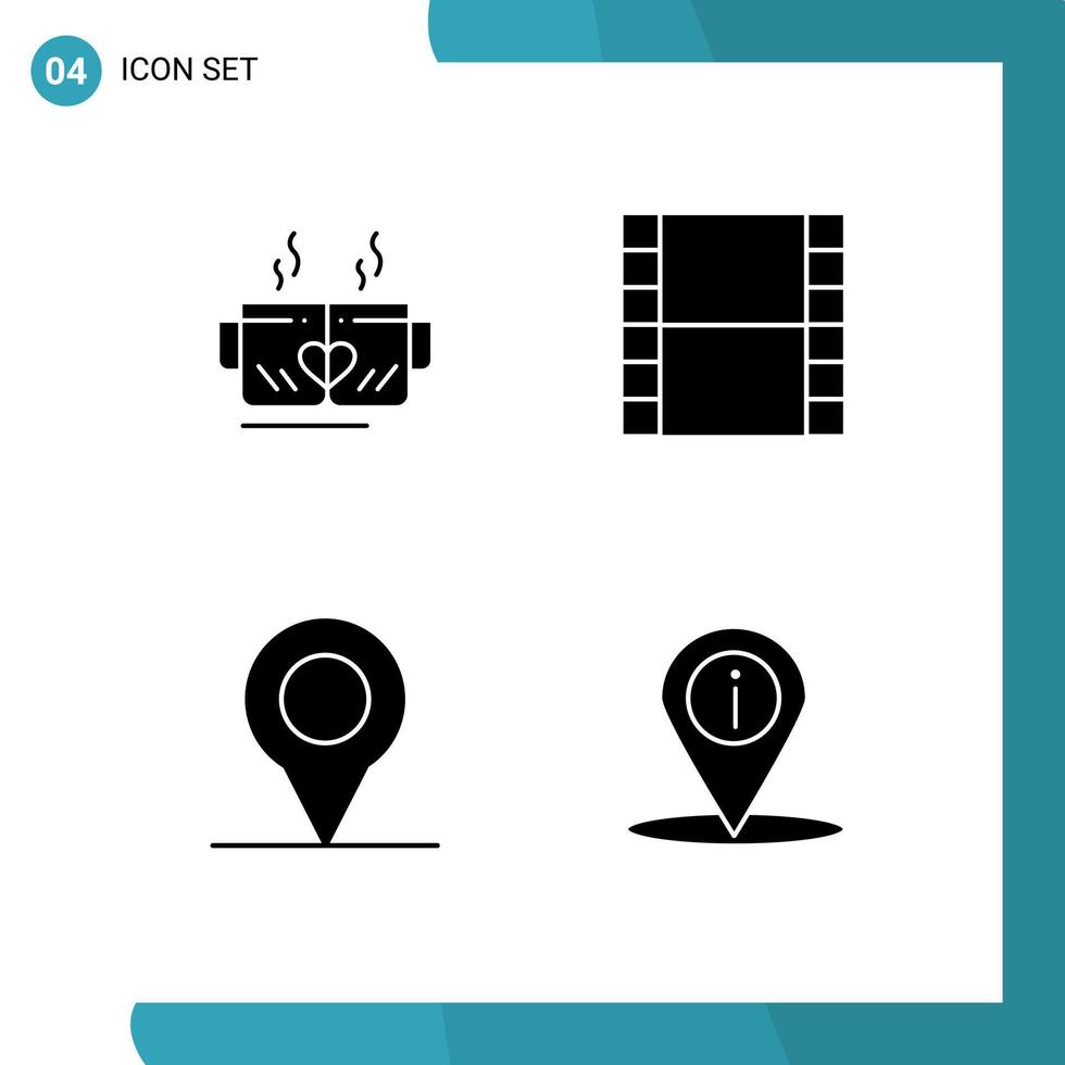 4 thematisch vector solide glyphs en bewerkbare symbolen van thee pin hart strip navigatie bewerkbare vector ontwerp elementen