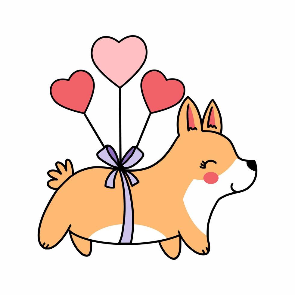 schattig corgi puppy en hart vormig ballonnen. vector icoon voor Valentijnsdag dag. hand- getrokken illustratie. grappig huisdier. ansichtkaart decor element.